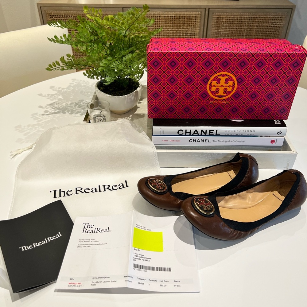 Tory Burch Caroline 2 Logo Brown/Black Ballet Flats Women’s Size 10